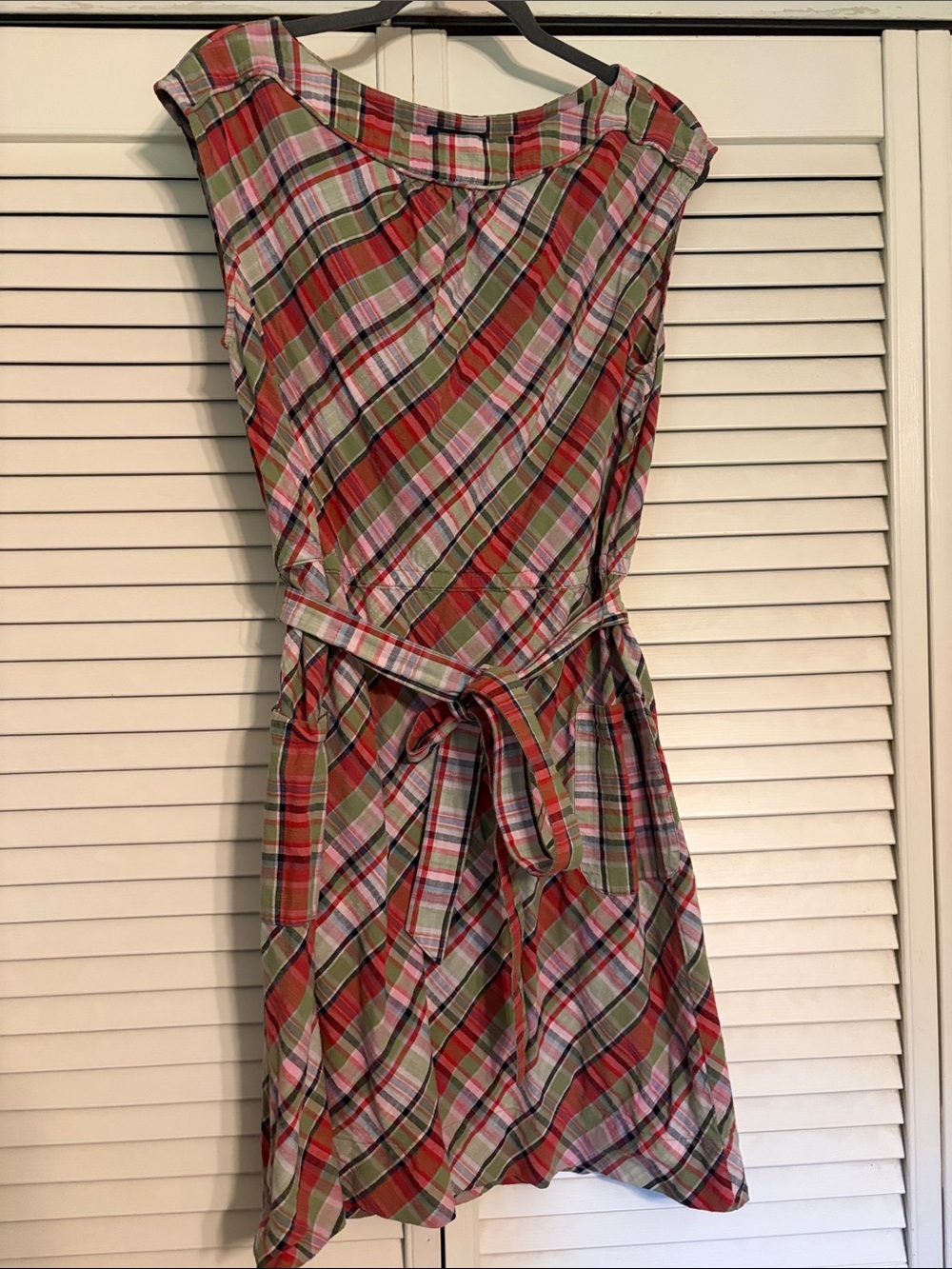 Lands' End Red and Green Plaid Sleeveless Belted Dress